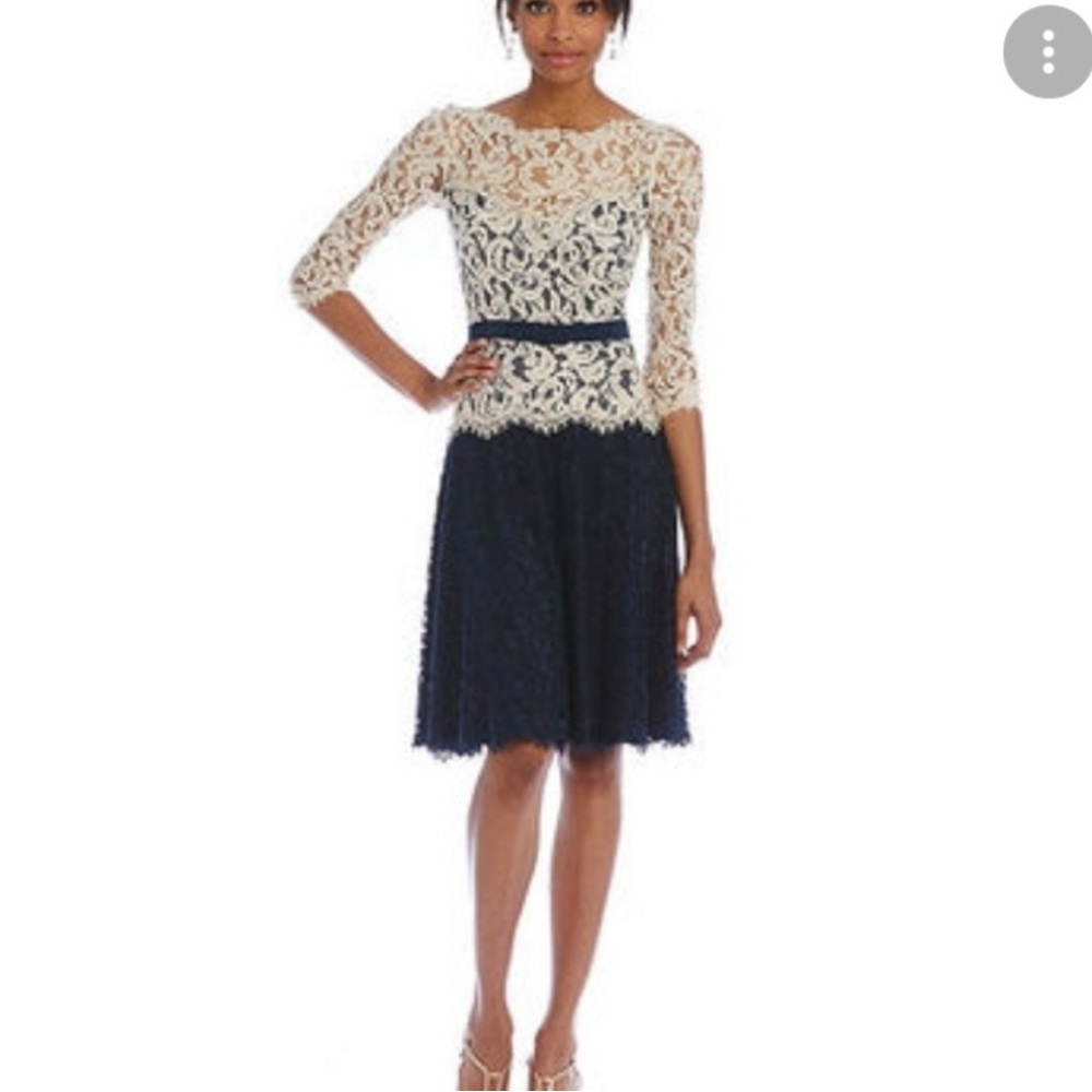 NWOT Tadashi Shoji Lace Dress in Cream and Navy Fit and Flare Size 10 No Flaws